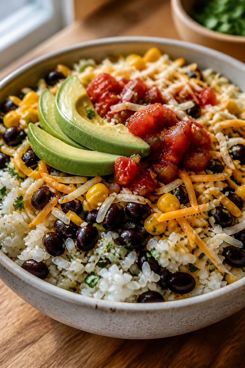 Close-up of a rice and bean burrito bowl with toppings on a wooden counter