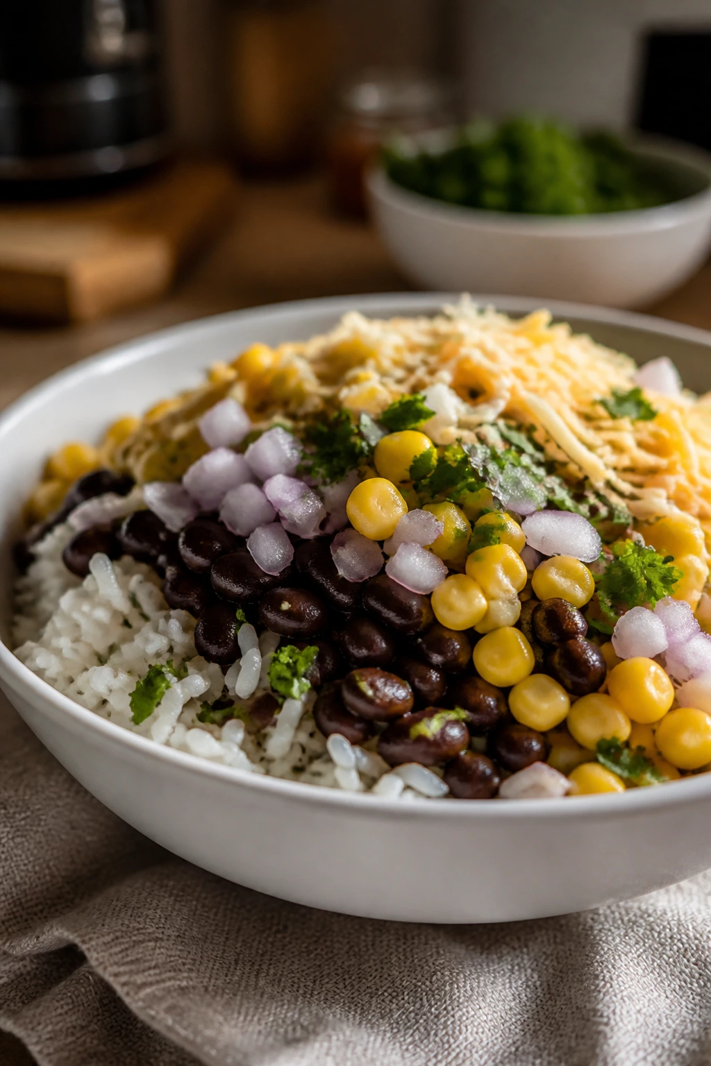 Close-up burrito bowl with rice, beans, corn, onion, and cheese.