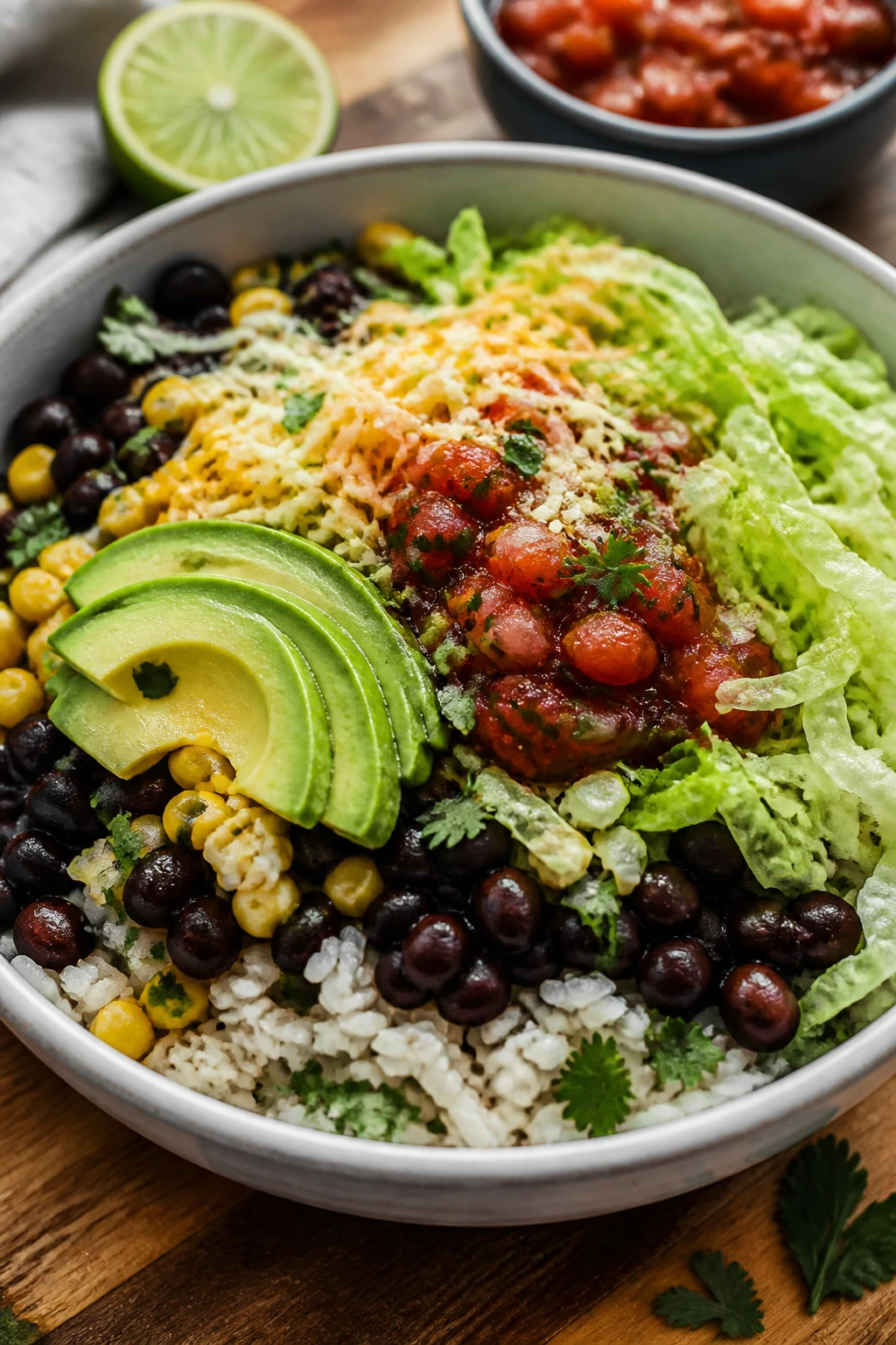 Close-up of a rice and beans burrito bowl with avocado and salsa on a wooden counter