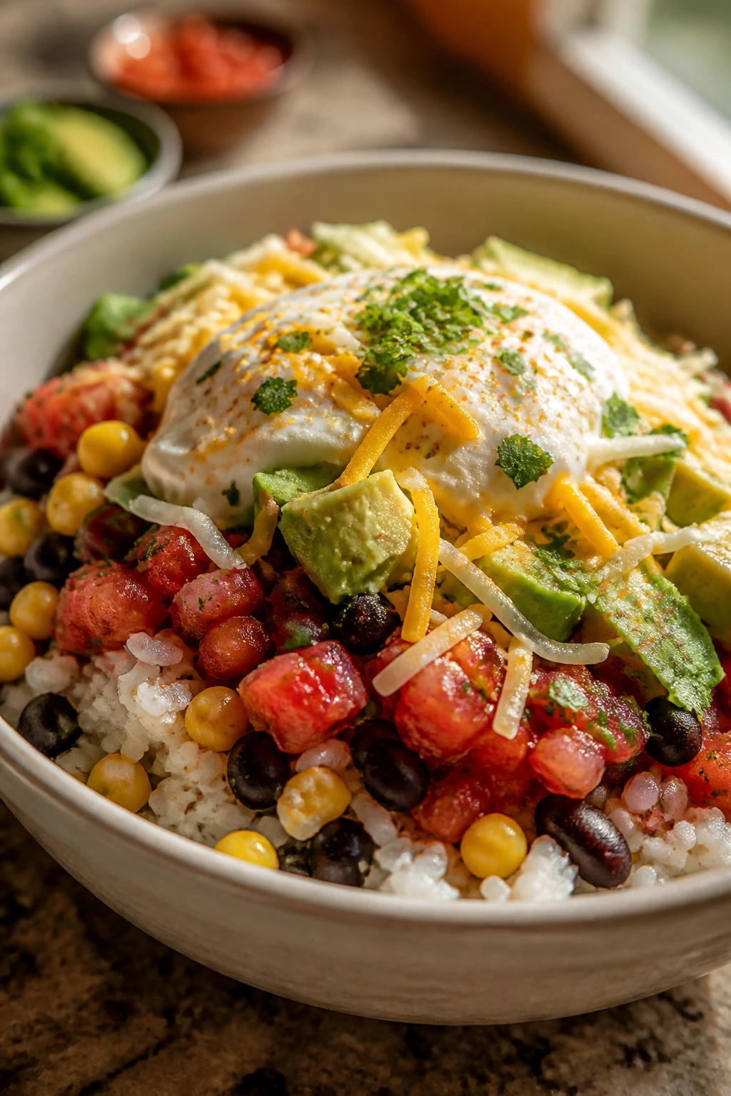 Bowl of rice and beans burrito toppings