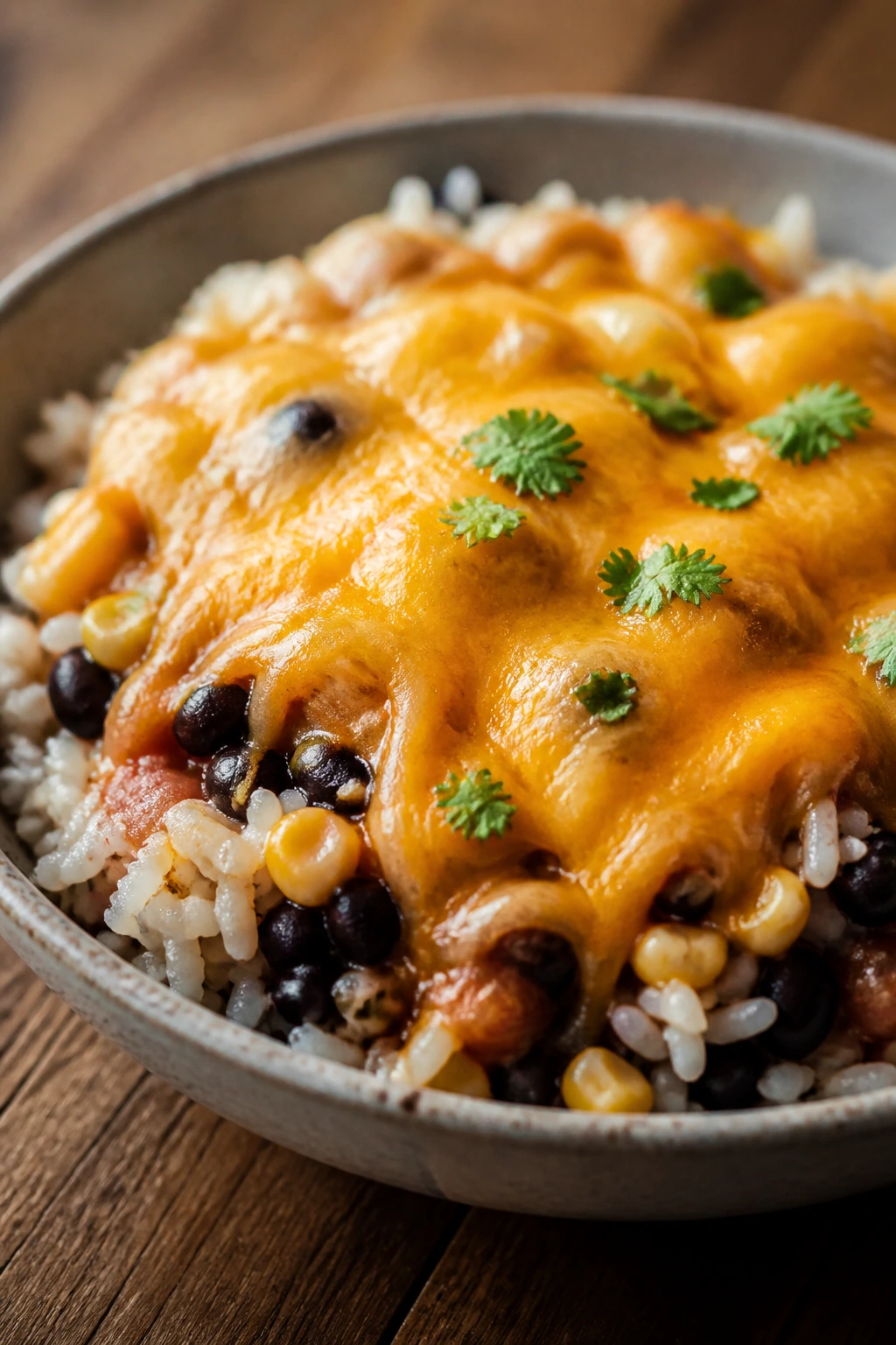 Close-up of rice and beans bowl with melted cheese on top