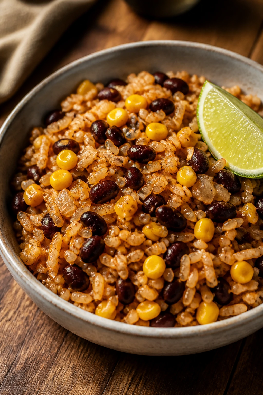 Close-up bowl of rice and beans with lime and corn.