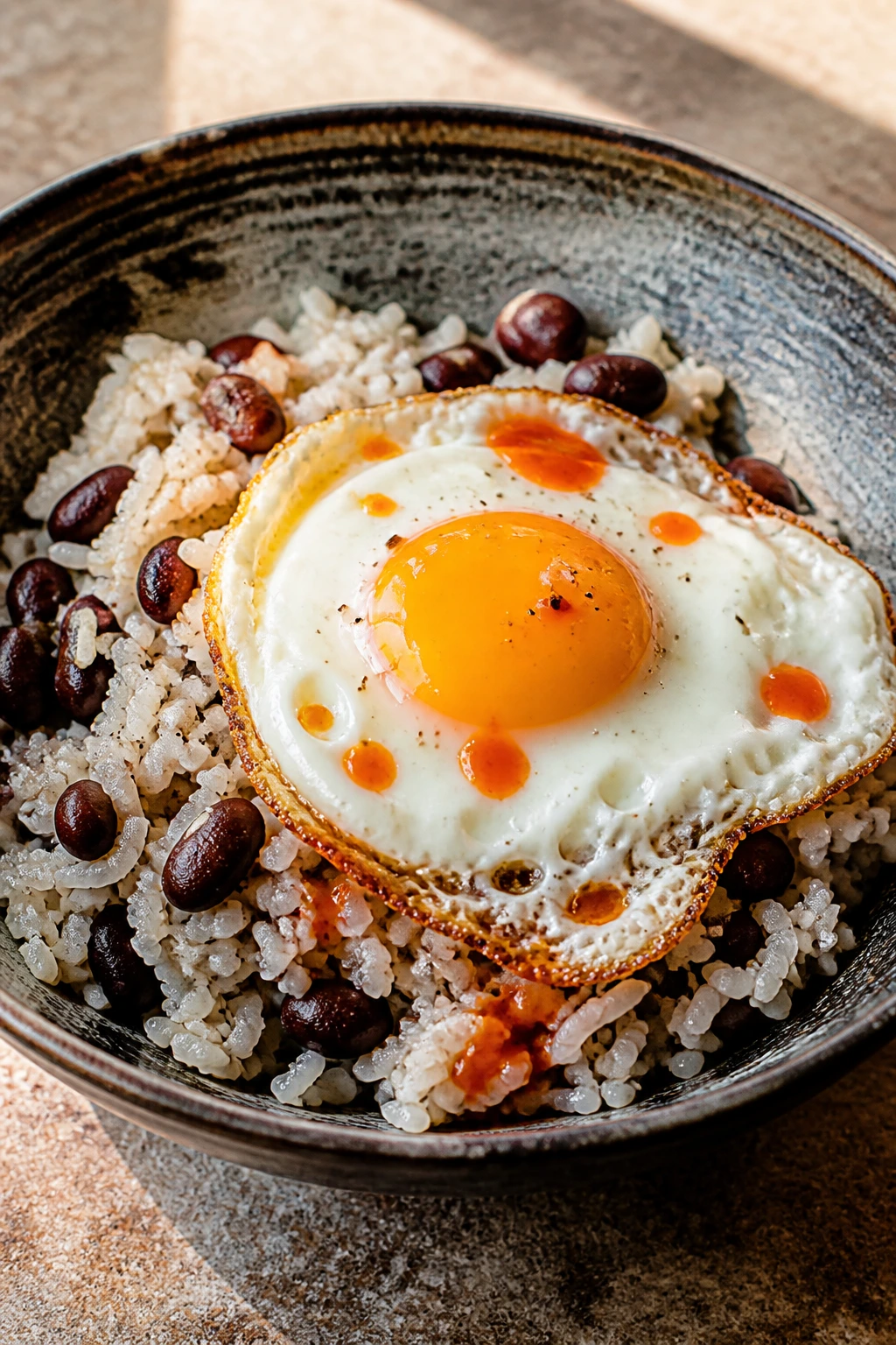 Close-up bowl of rice and beans topped with fried egg in a kitchen