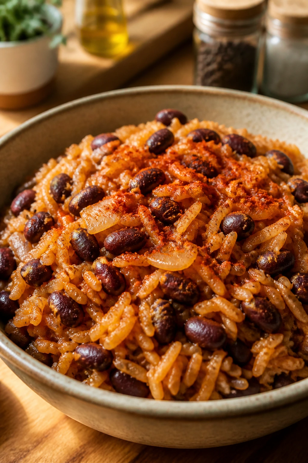 Bowl of smoky rice with beans and paprika on a warm kitchen counter.