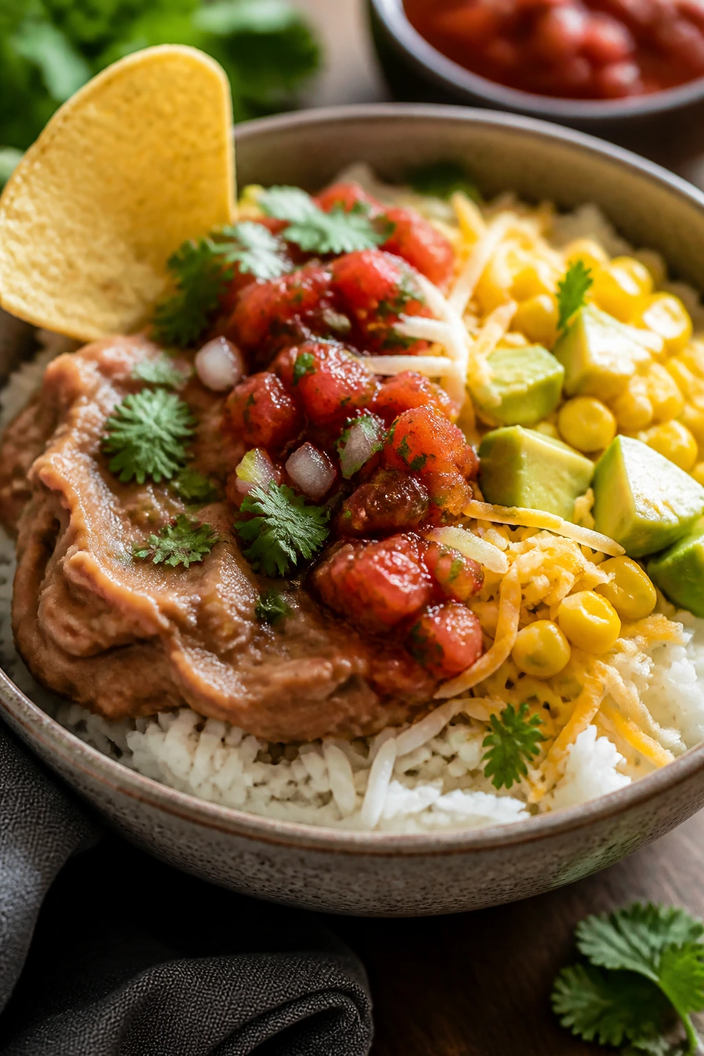 Bowl of salsa rice with refried beans and cheese