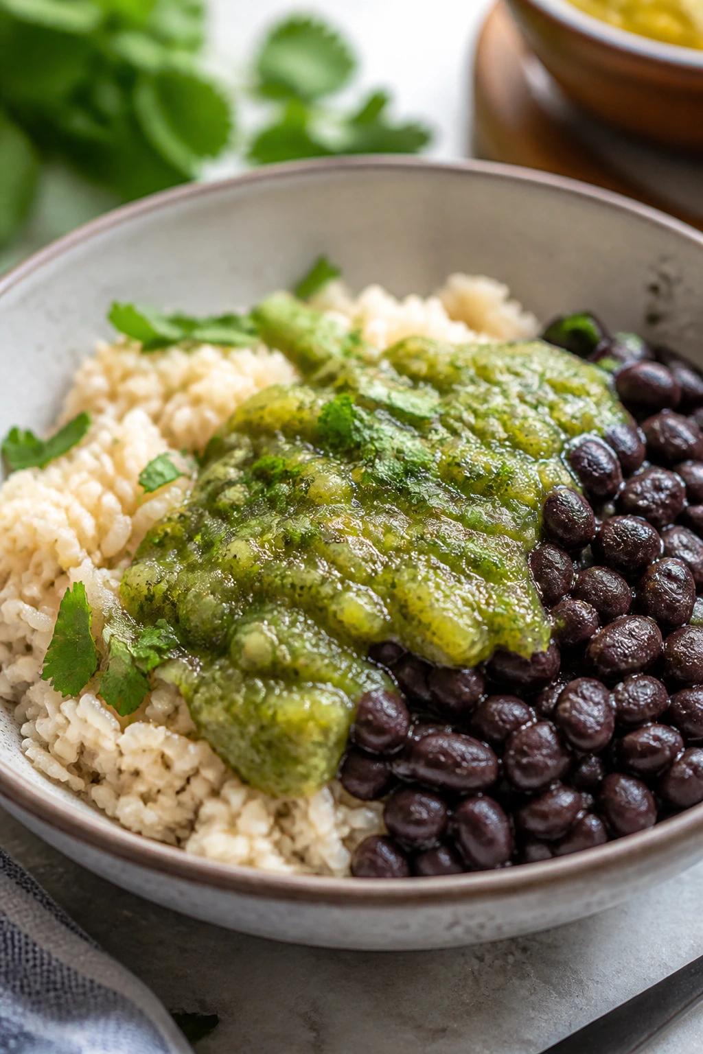 Rice and beans bowl with salsa verde