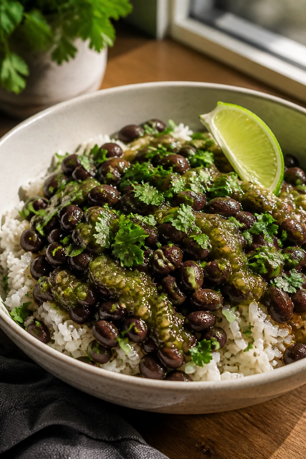 Rice and beans with salsa verde in a bowl with lime and cilantro