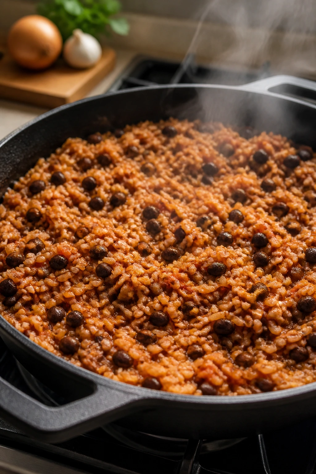 Skillet of rice and beans steaming on the stove