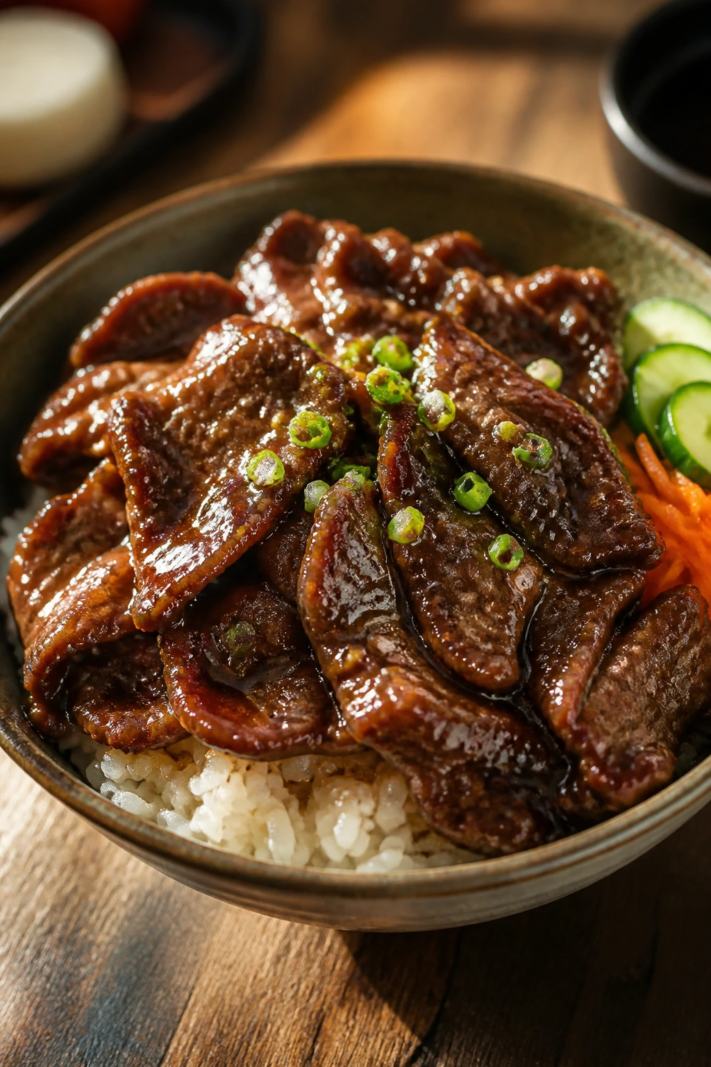 Close-up of a rice and glossy beef bowl in a cozy kitchen