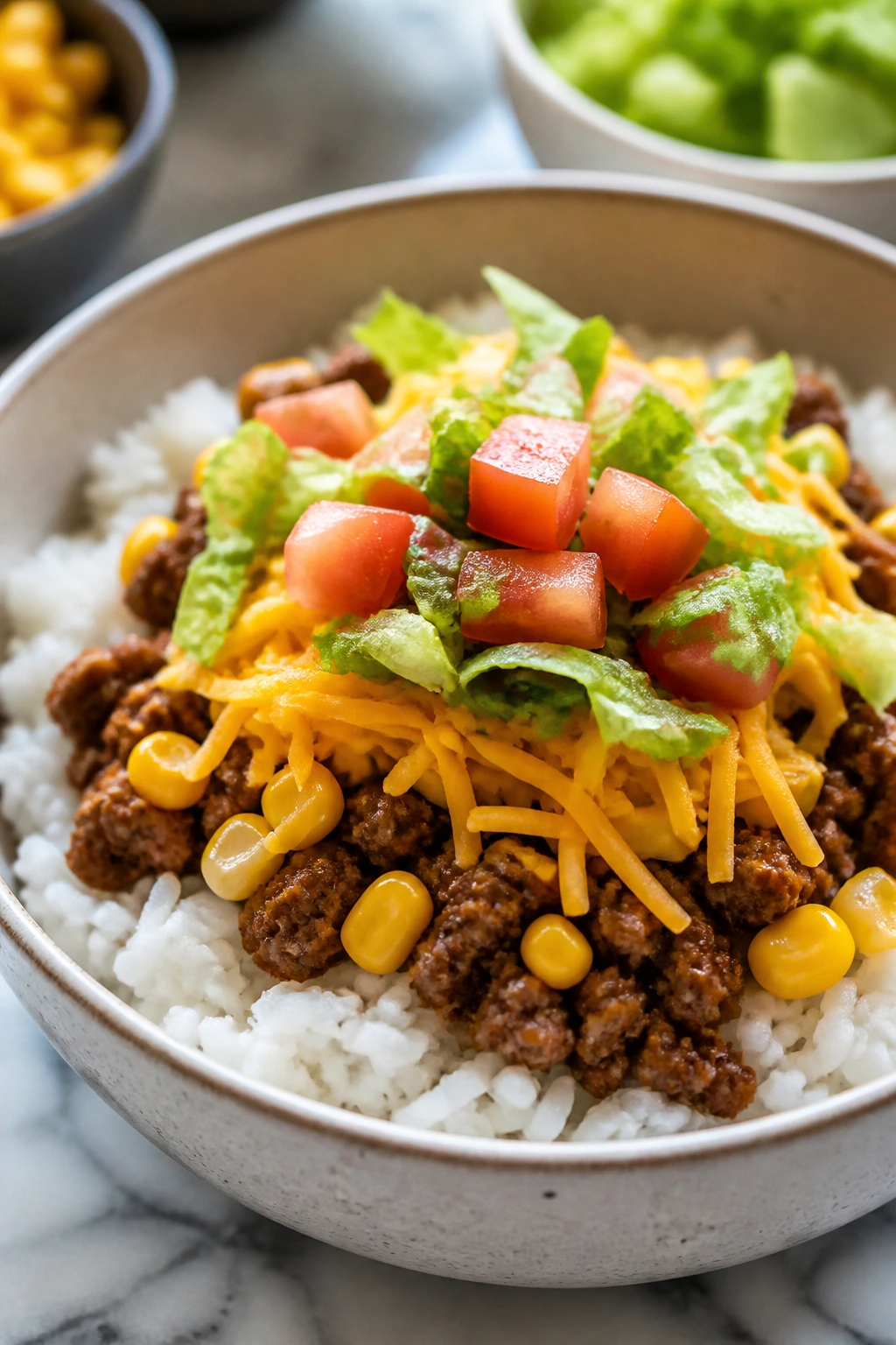 Close-up of a bowl of mild taco rice with rice, beef, corn and cheese