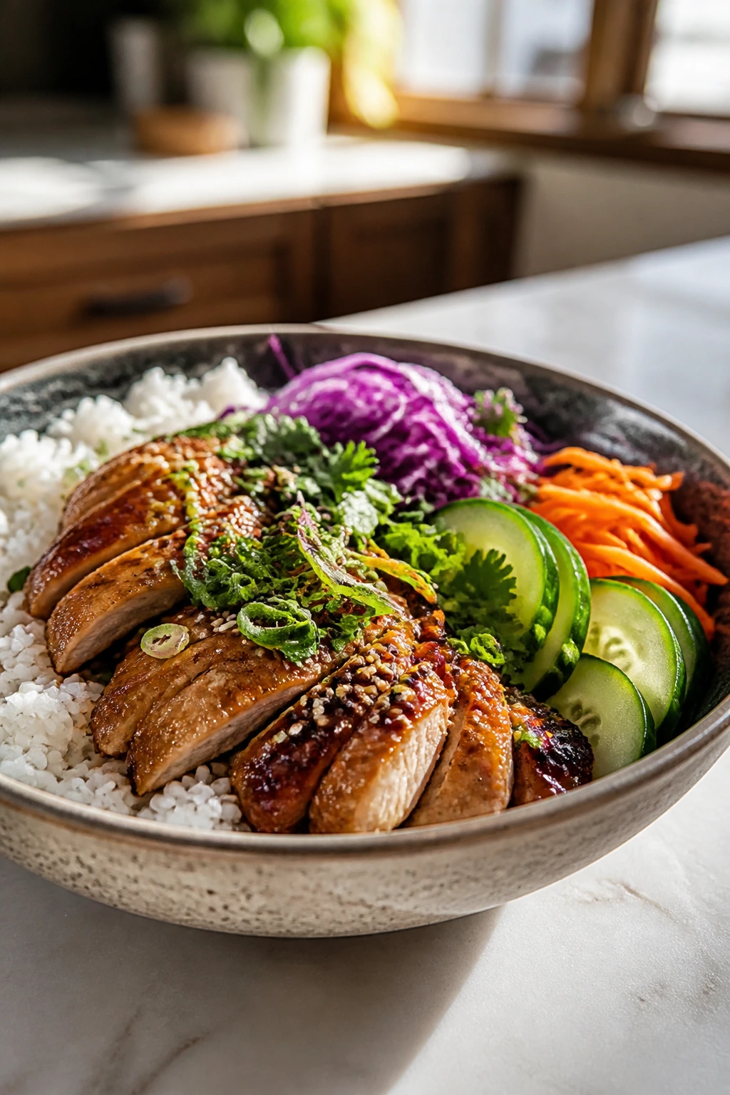 Colorful rice bowl styled in a kitchen setting