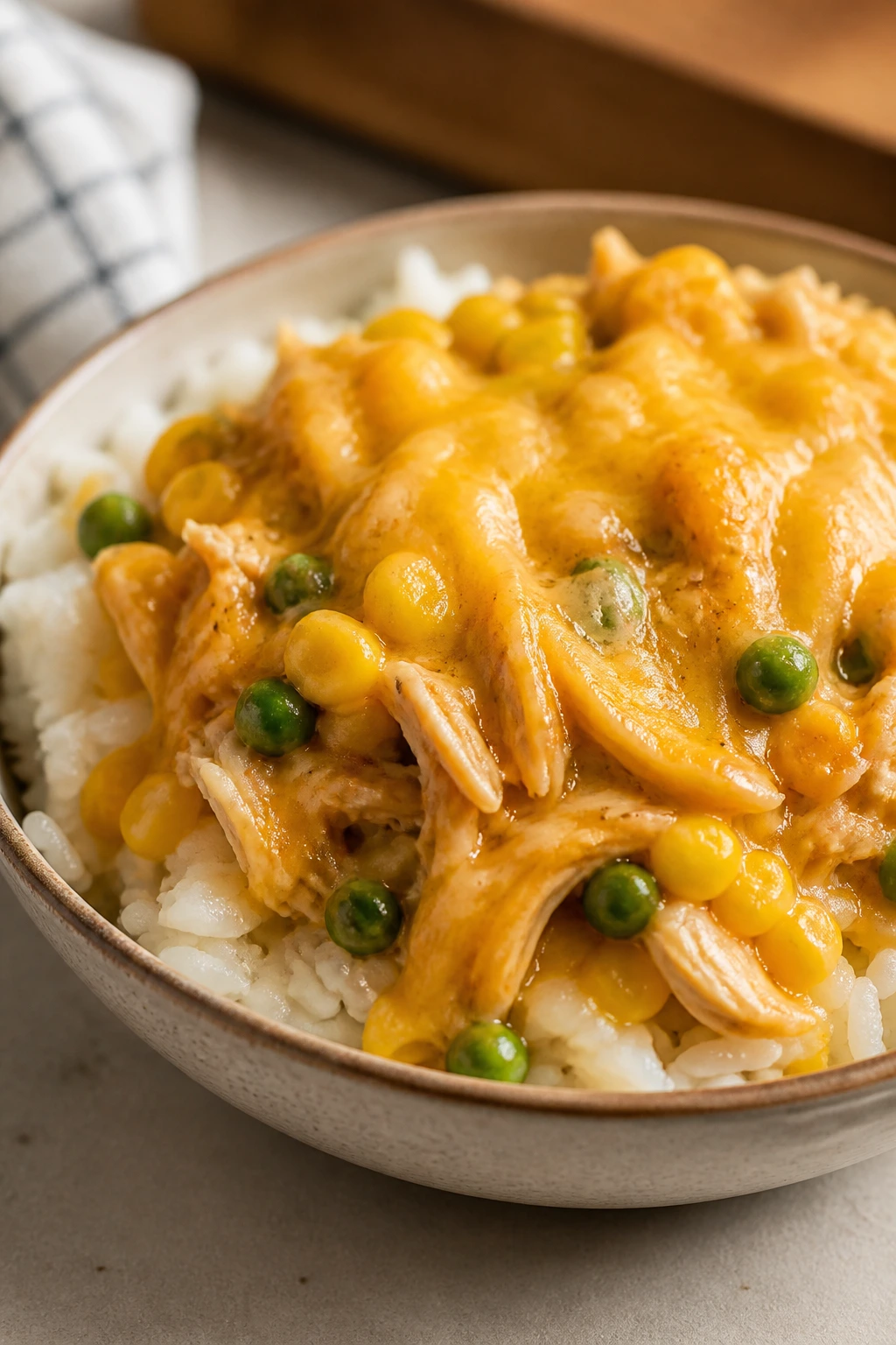 Cheesy rice bowl with chicken and corn on a cozy kitchen counter
