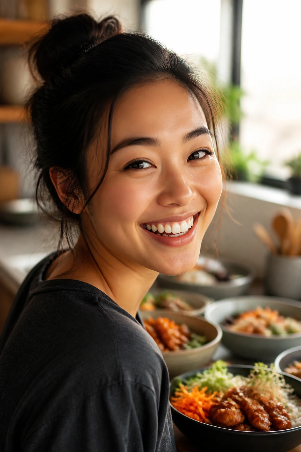 Close-up portrait of a smiling person in a warm kitchen with bowls softly blurred in the background