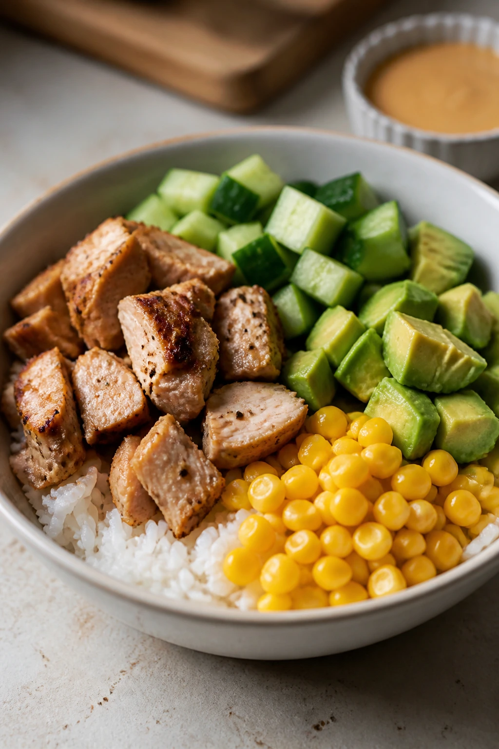 Rice bowl with separated components including chicken and veggies