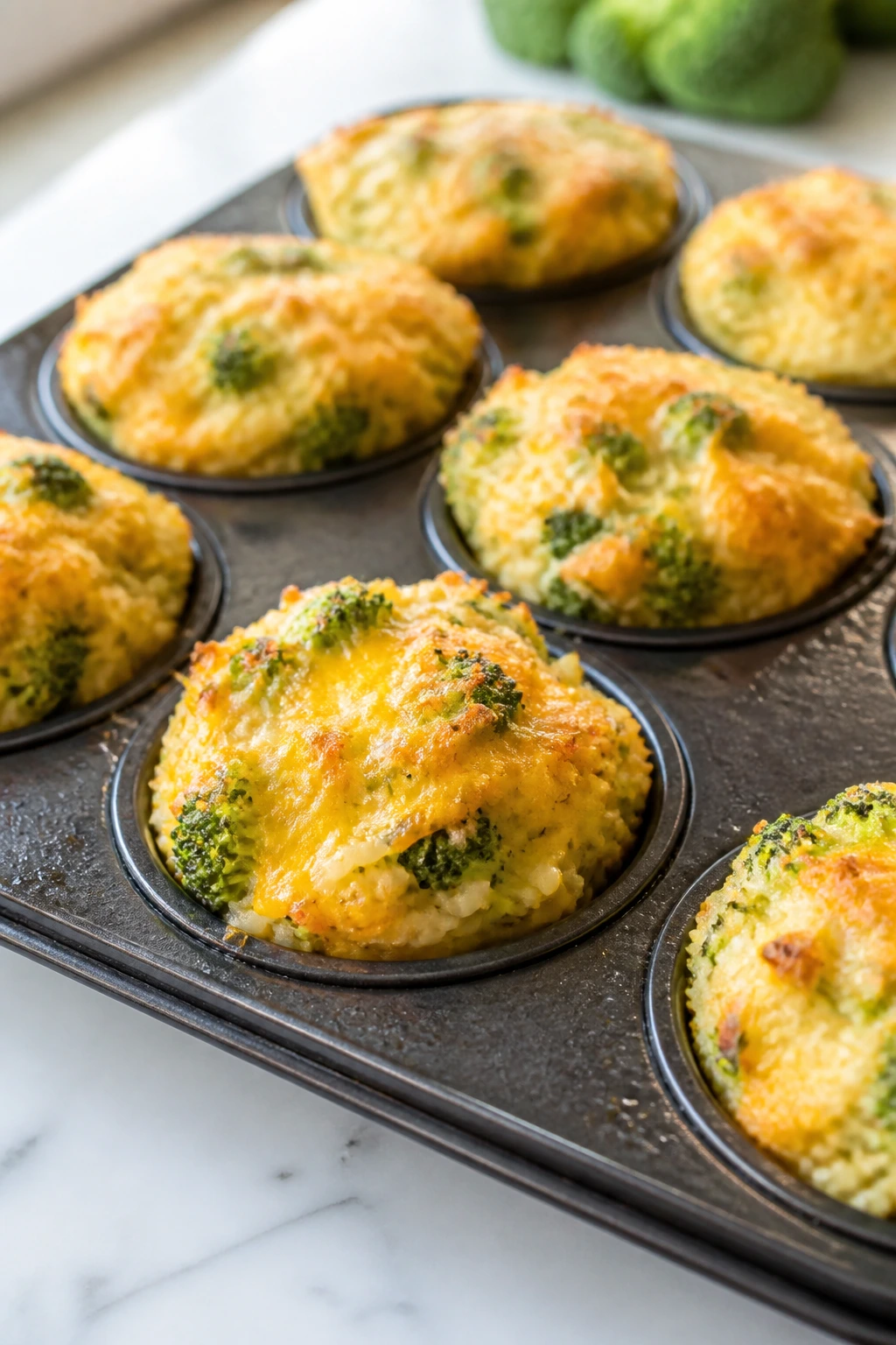 Close-up of cheesy broccoli rice cups in a muffin tin