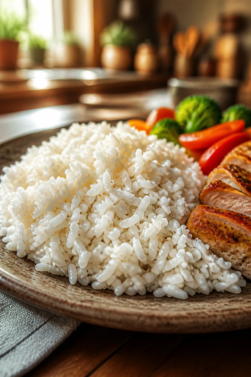 Large mound of white rice on a plate in a cozy kitchen setting