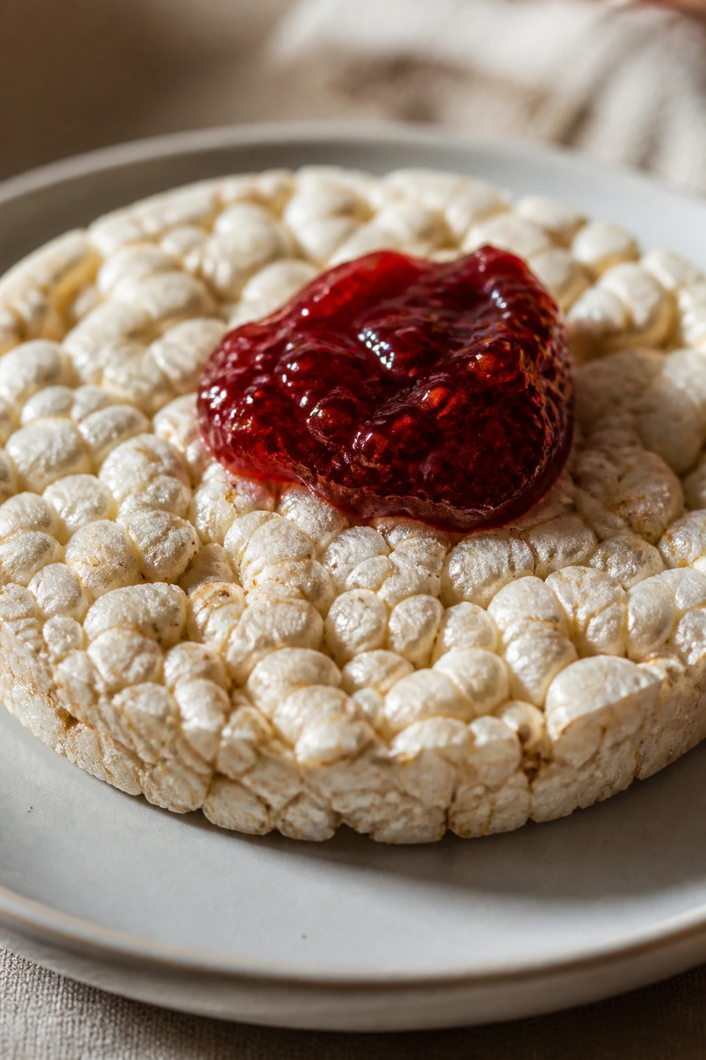 Close-up of a crisp rice cake with jam on a plate under bright kitchen light