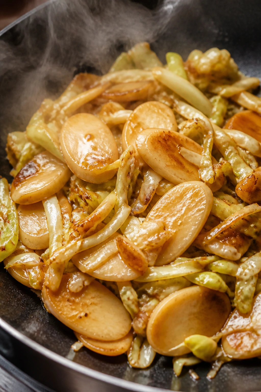 Close-up of rice cakes with cabbage in savory sauce