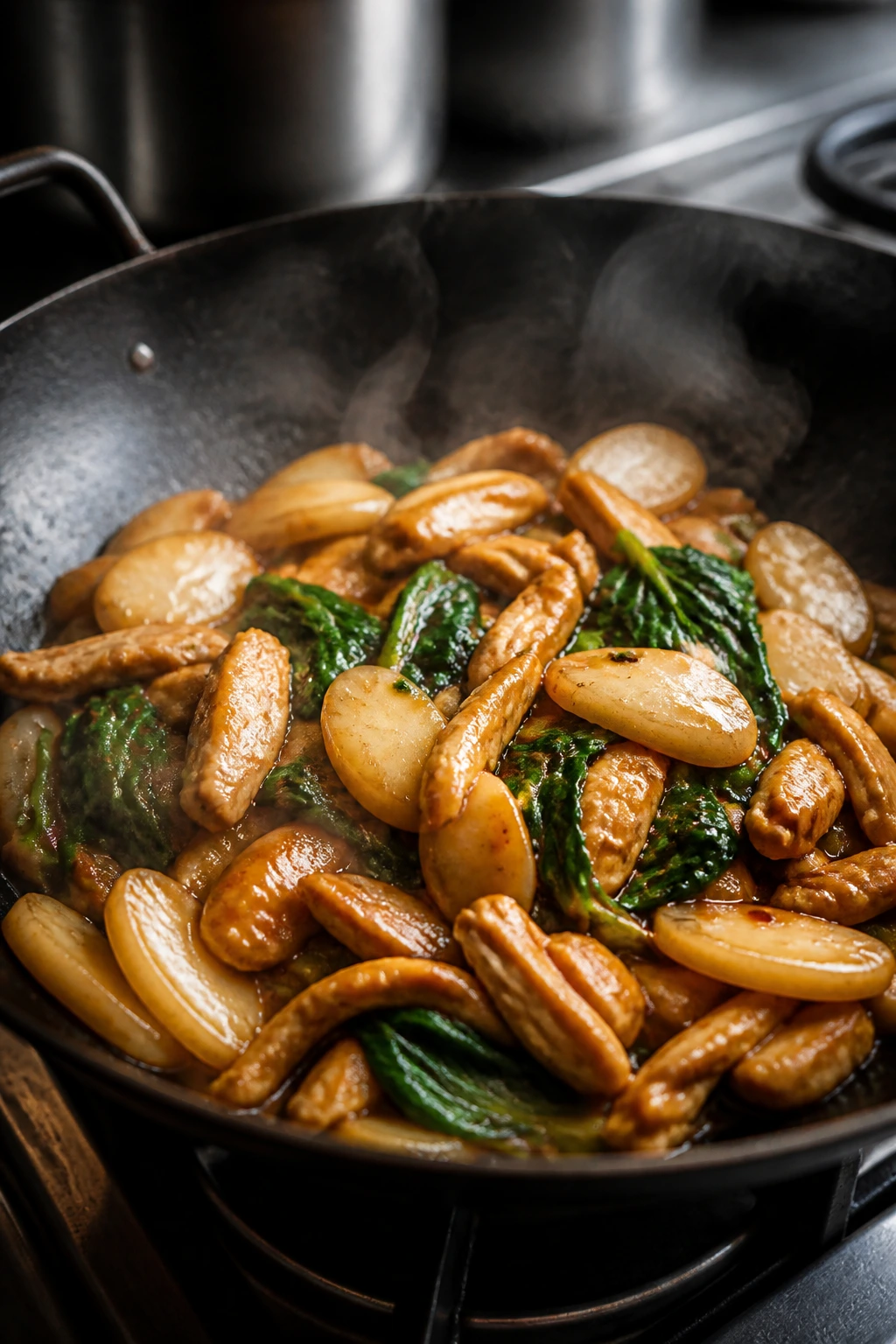 Close-up of rice cakes with chicken and spinach in stir-fry sauce.