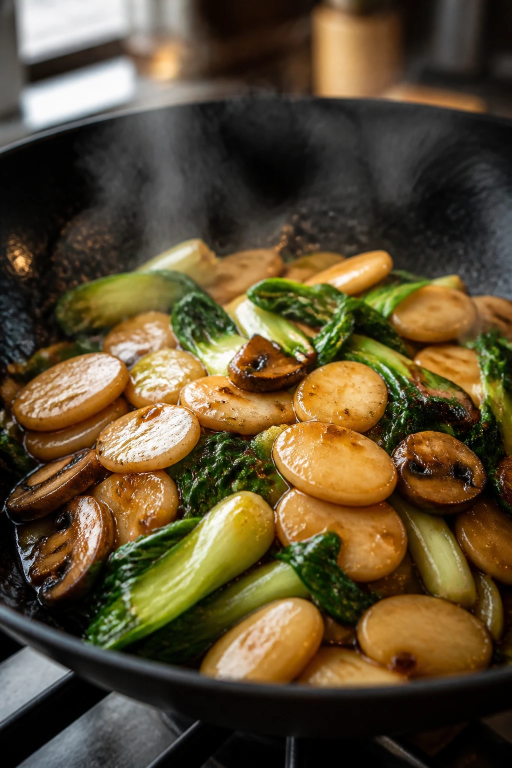 Close-up of rice cakes with greens and mushrooms in glossy sauce