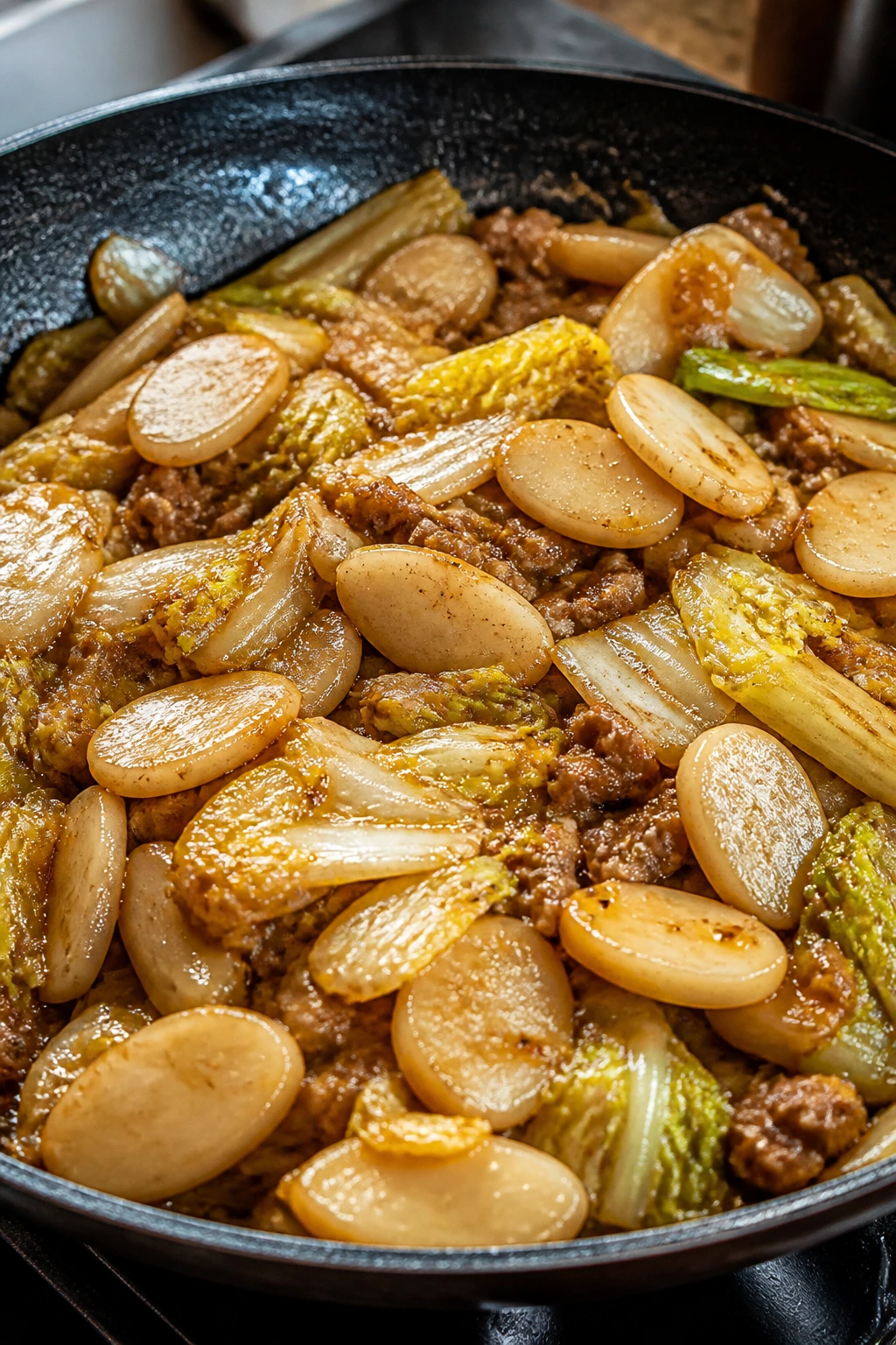 Close-up of rice cakes with pork and napa cabbage in sauce
