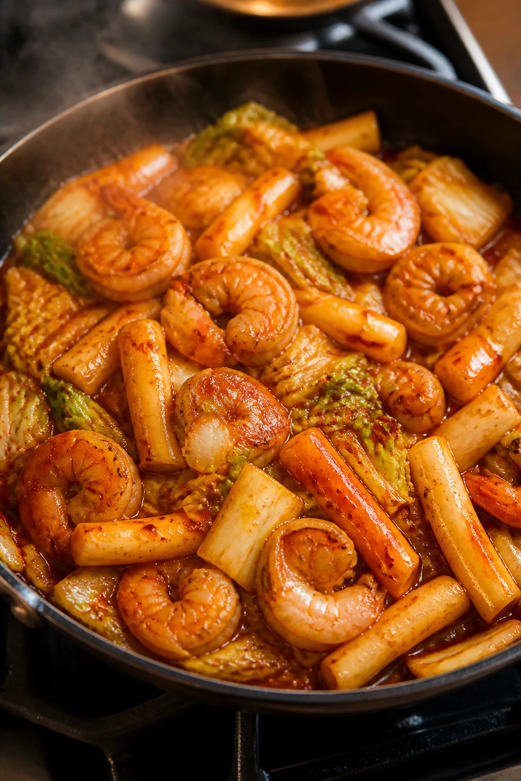 Sizzling skillet with garlic chili rice cakes, napa cabbage, and shrimp