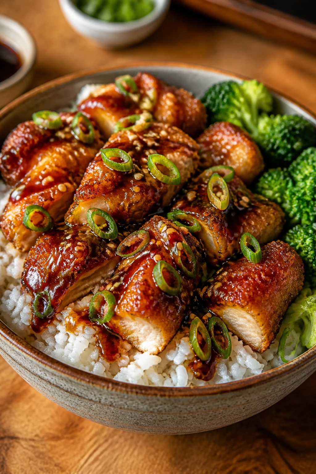 Close-up of a bowl showing chicken, rice and glaze components