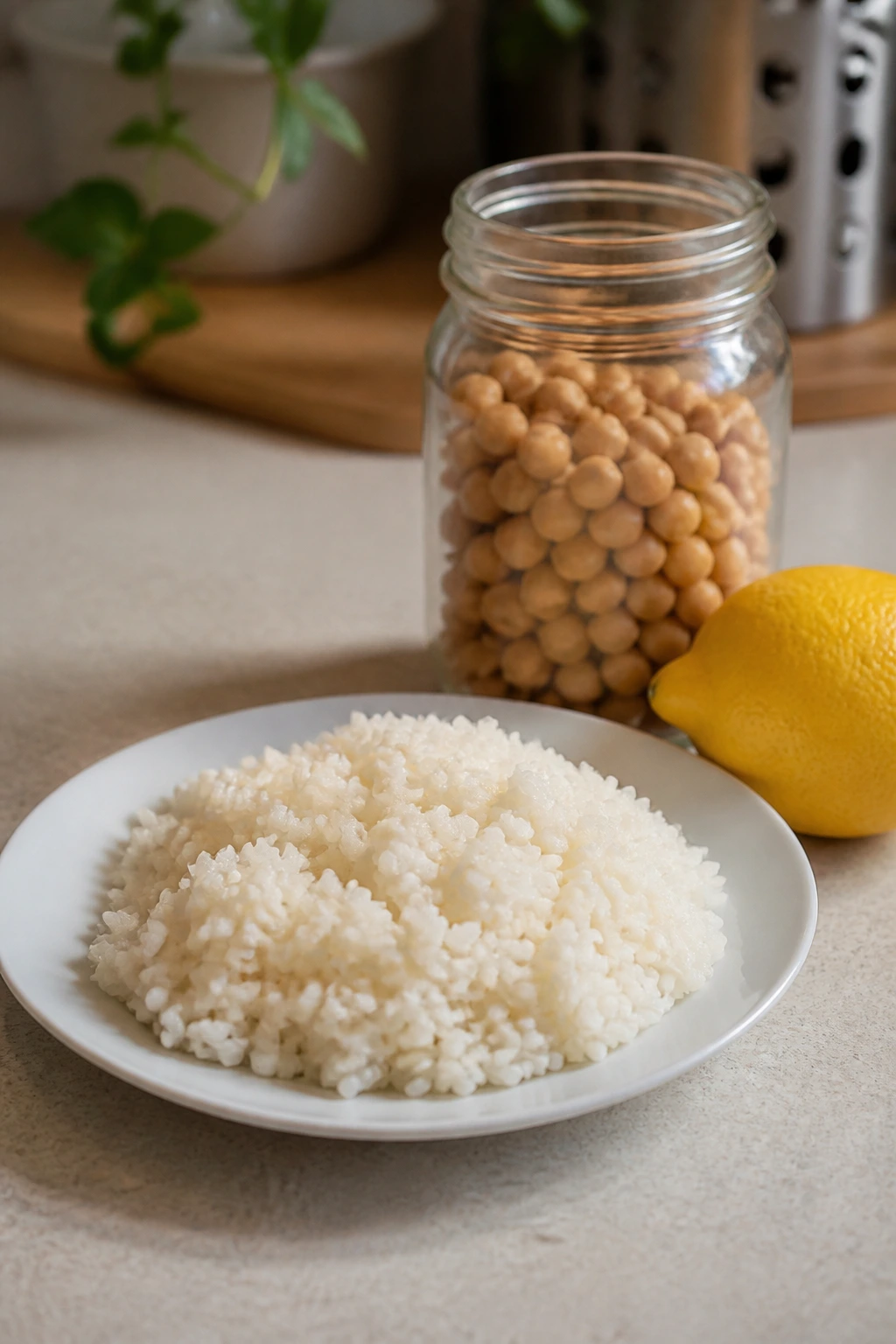Still-life of dorm-ready ingredients: rice, chickpeas, lemon
