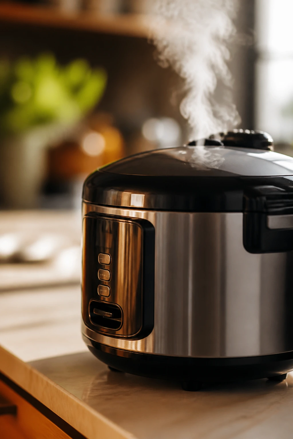 Rice cooker with steam in a cozy kitchen