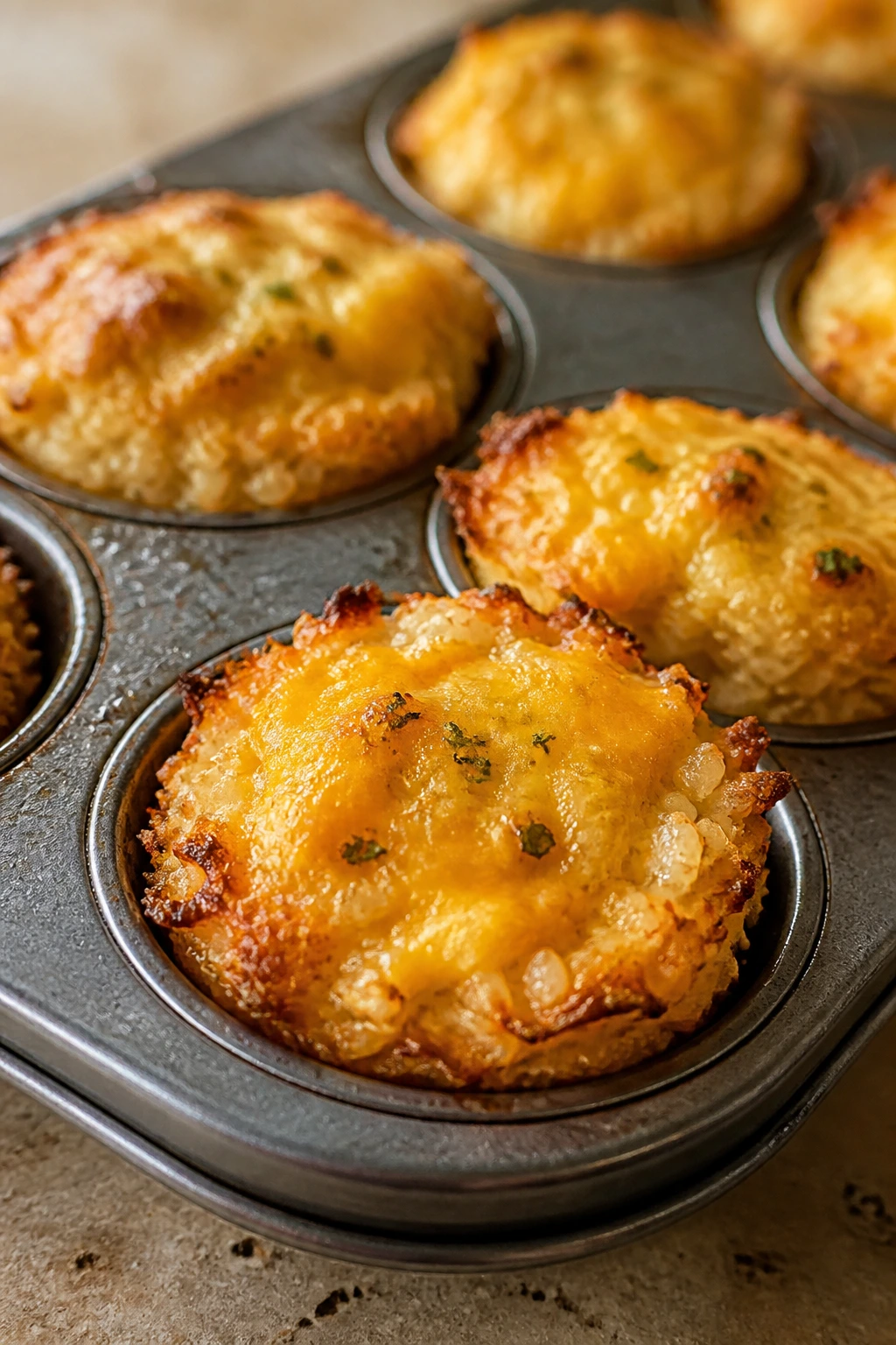 Close-up of cheesy breakfast rice cups in a muffin tin