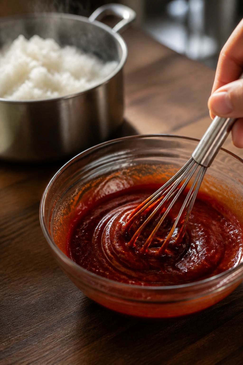 Whisking gochujang sauce with rice in the background