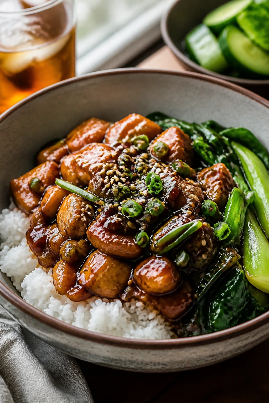 Bowl of rice with greens and glossy sauce in center
