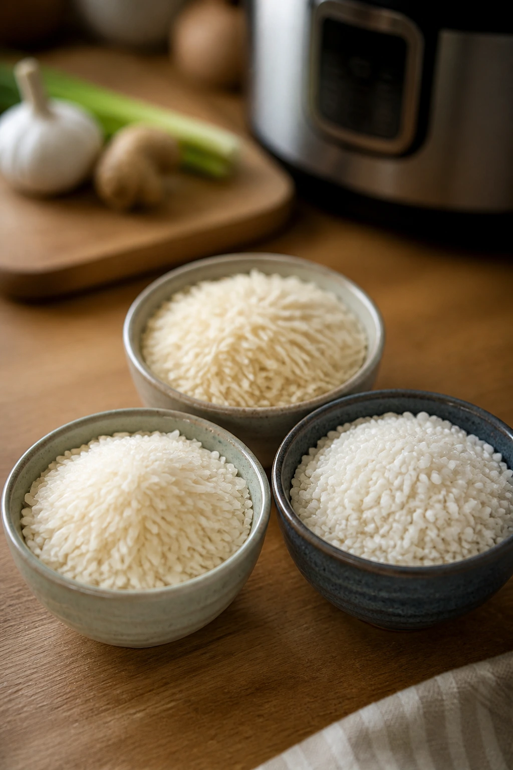Three bowls of jasmine, basmati, and short-grain rice on a wooden counter