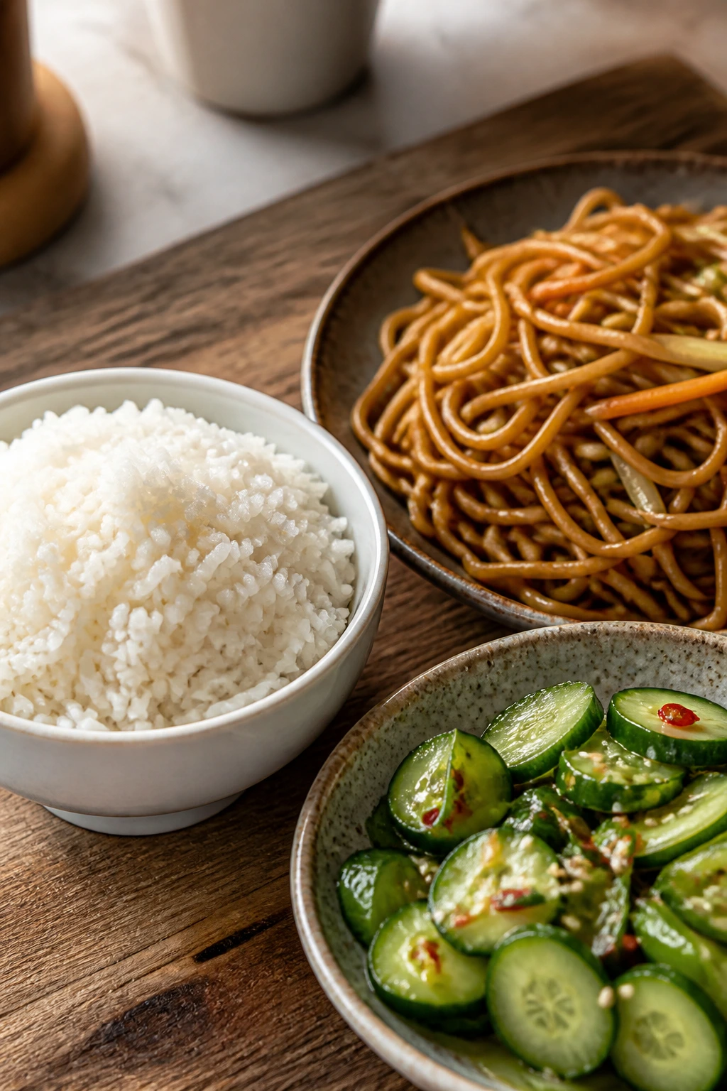 Steaming jasmine rice with lo mein noodles and cucumber salad on a wooden board