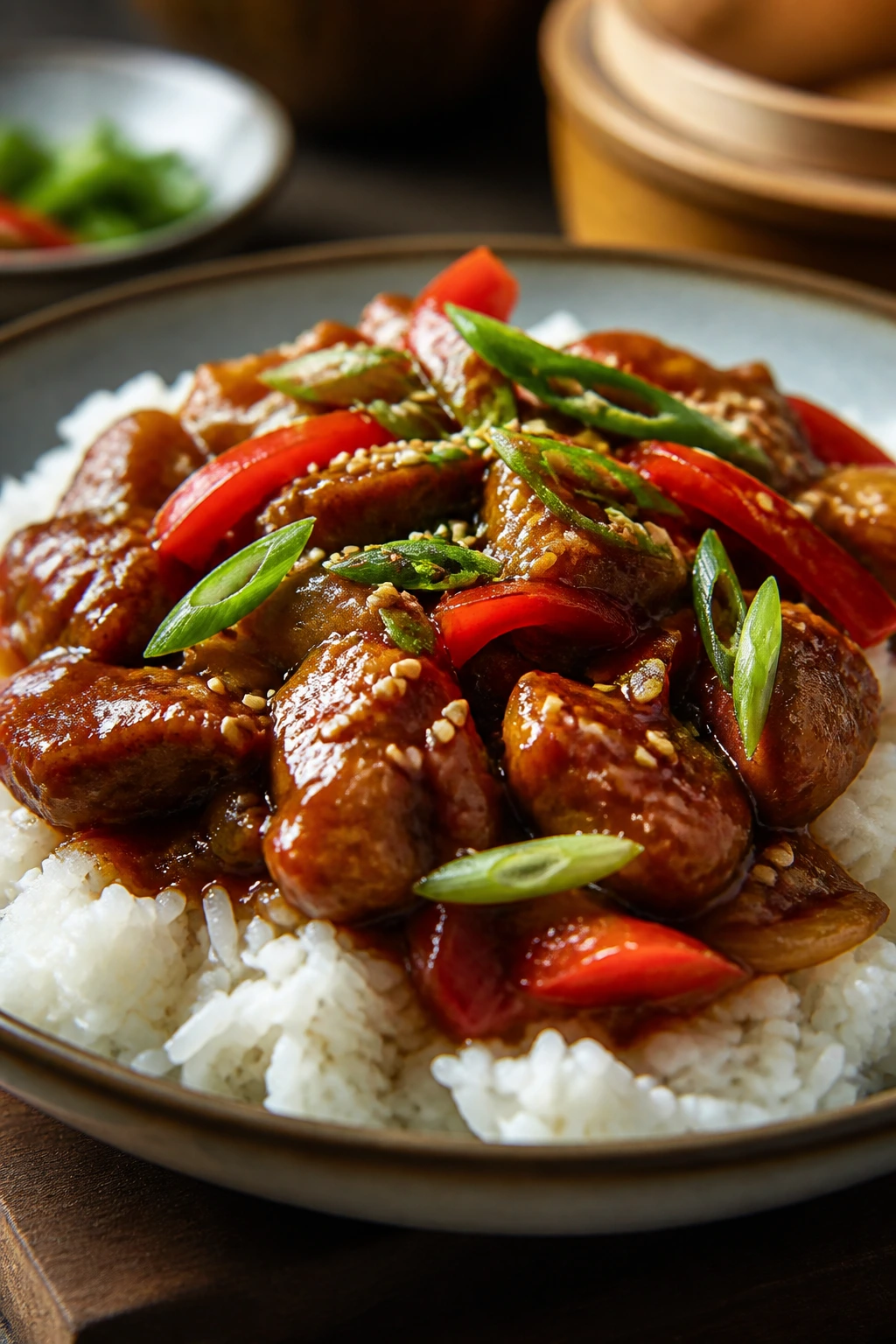 Plate of glossy meat over jasmine rice with sesame seeds and scallions