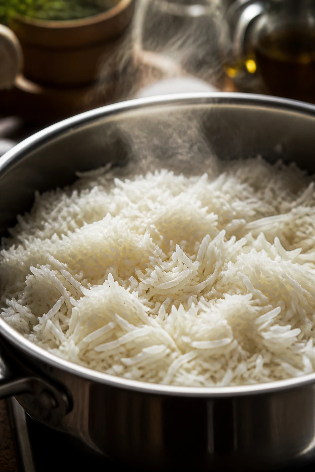 Close-up of fluffy separated jasmine rice grains in a pot