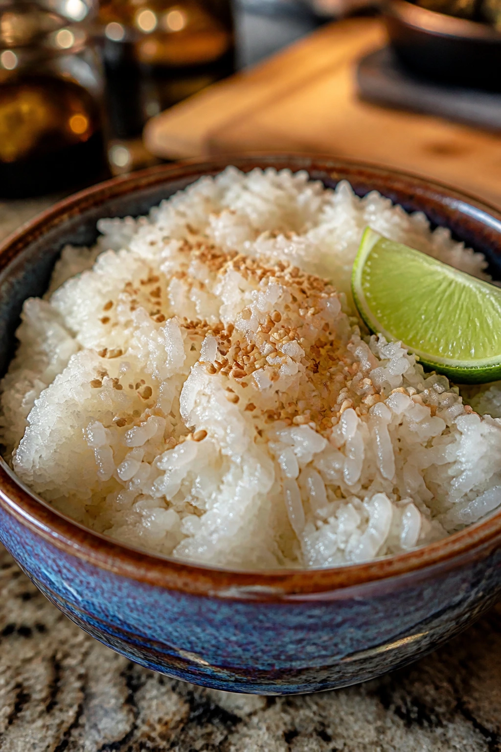 Close-up of jasmine rice with sesame seeds and lime wedge garnishes catching sauce