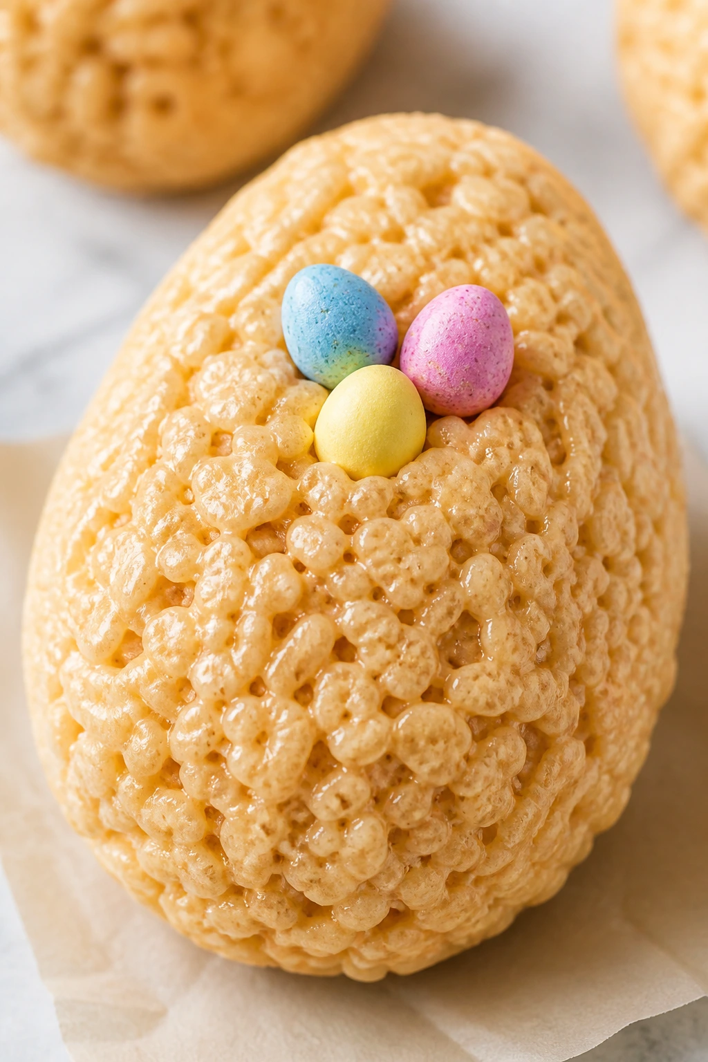 Egg-shaped Rice Krispie treat with candy eggs on parchment