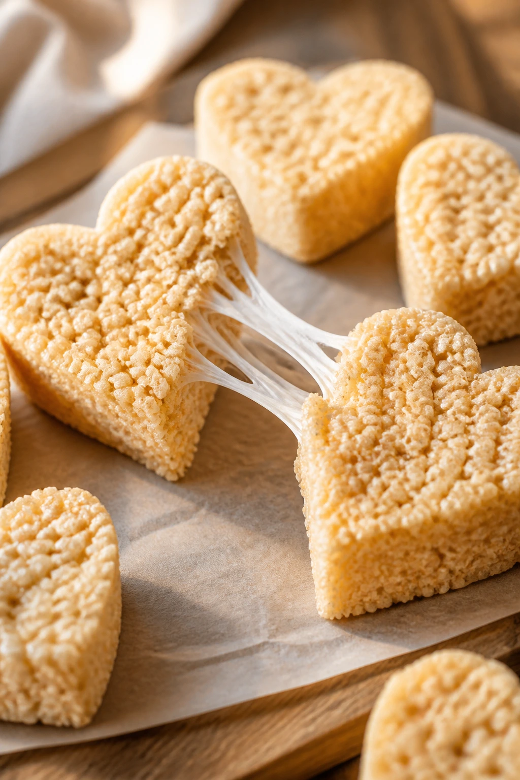 Close-up of Rice Krispie treats with marshmallow pull
