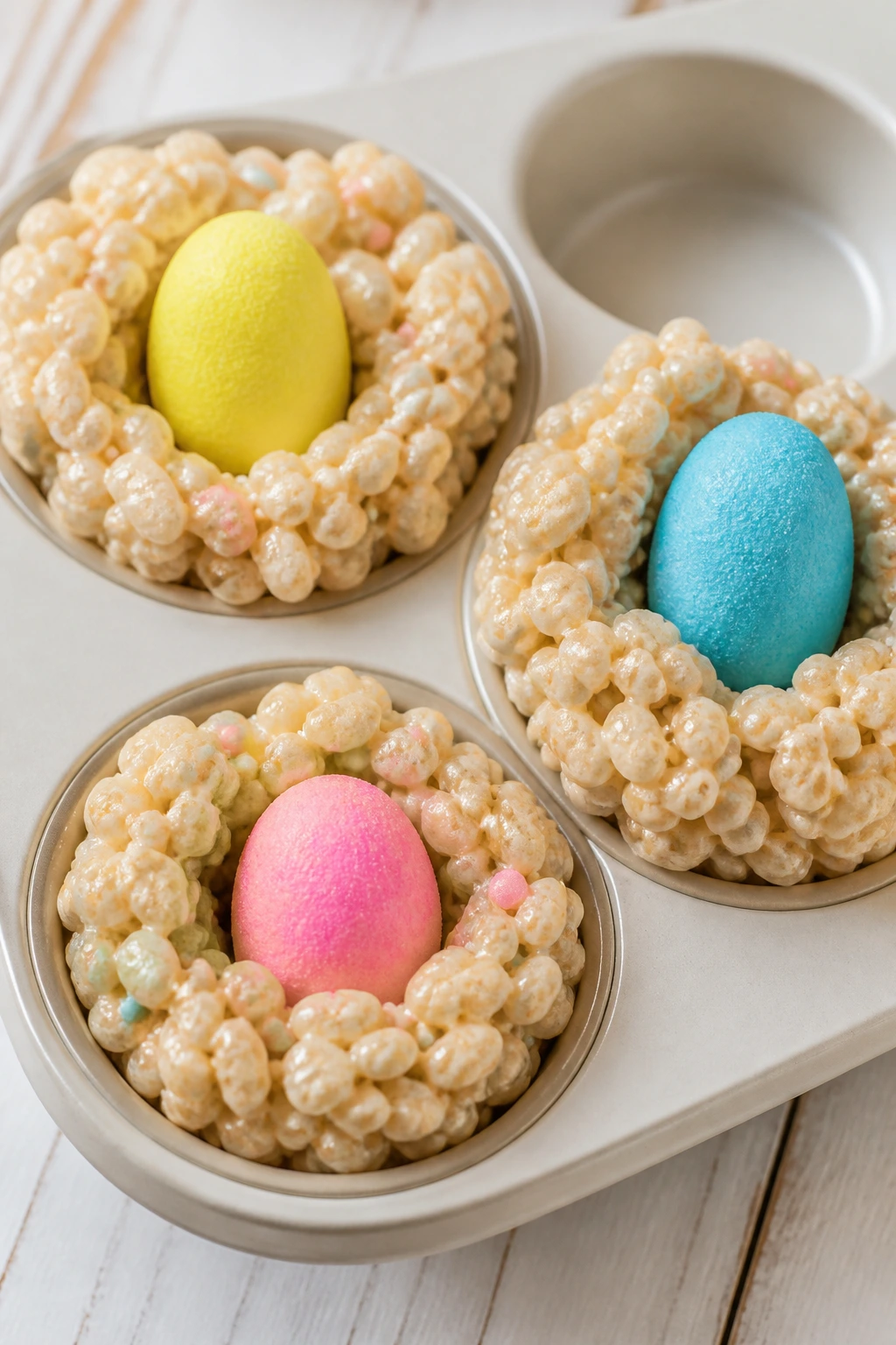 Rice Krispie nests in muffin cups with Peeps eggs