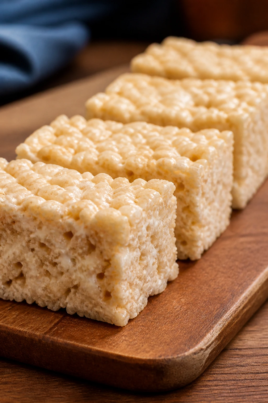 Close-up of Rice Krispie treat bars on a wooden board
