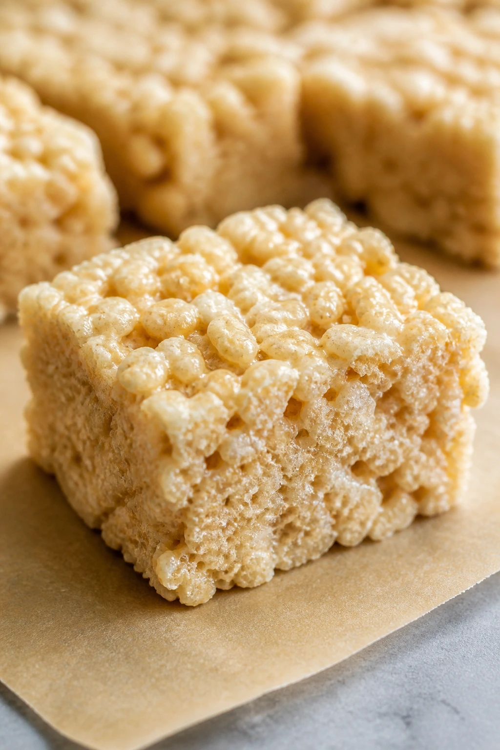 Close-up of Rice Krispie treat square with crisp edges