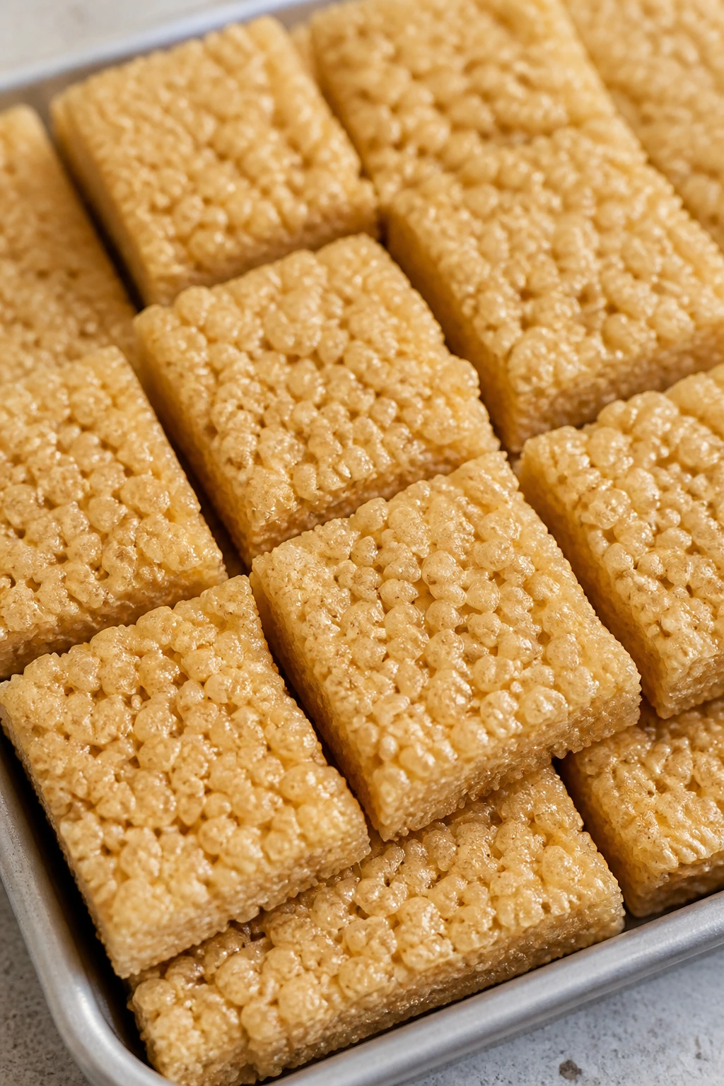 Close-up of Rice Krispie treat bars on a tray
