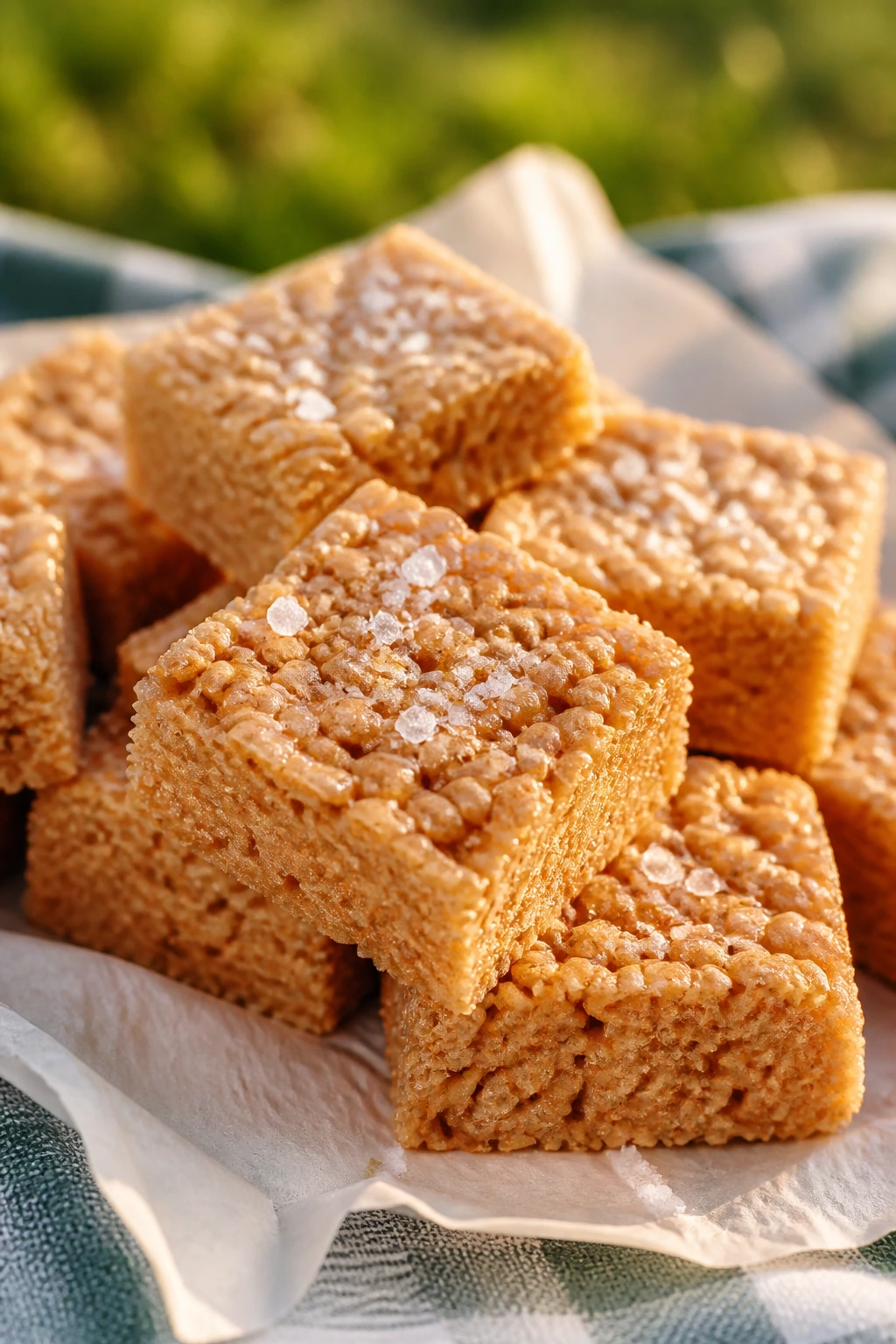 Brown butter Rice Krispie treats with sea salt on a picnic