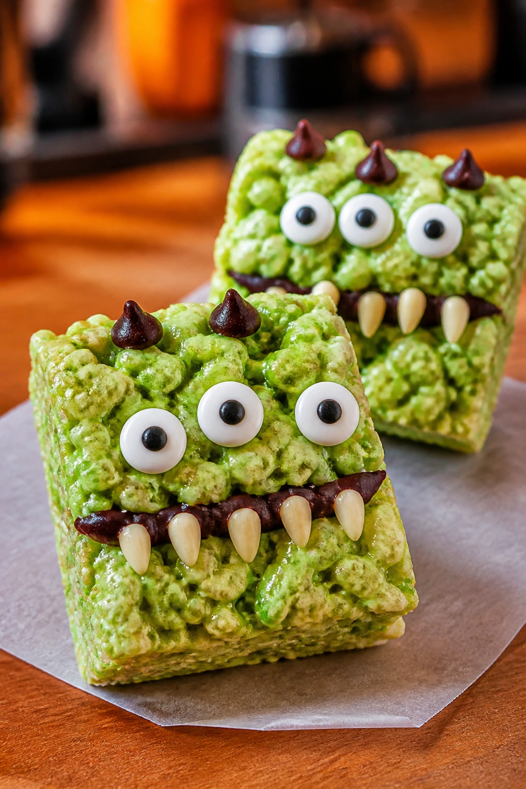 Close-up of monster Rice Krispie treats with candy eyes on parchment