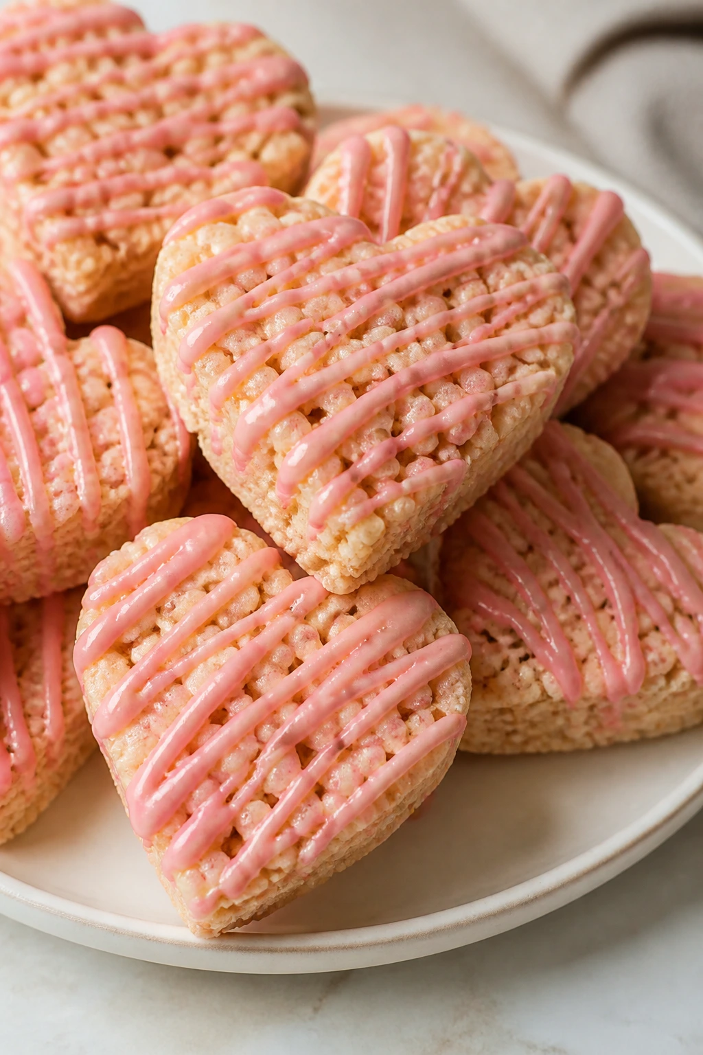 Close-up of heart-shaped Rice Krispie treats with pink drizzle on a plate