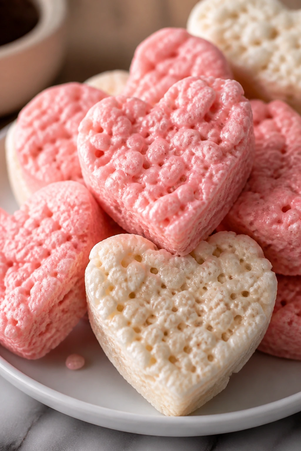 Pastel heart-shaped Rice Krispie treats on a plate