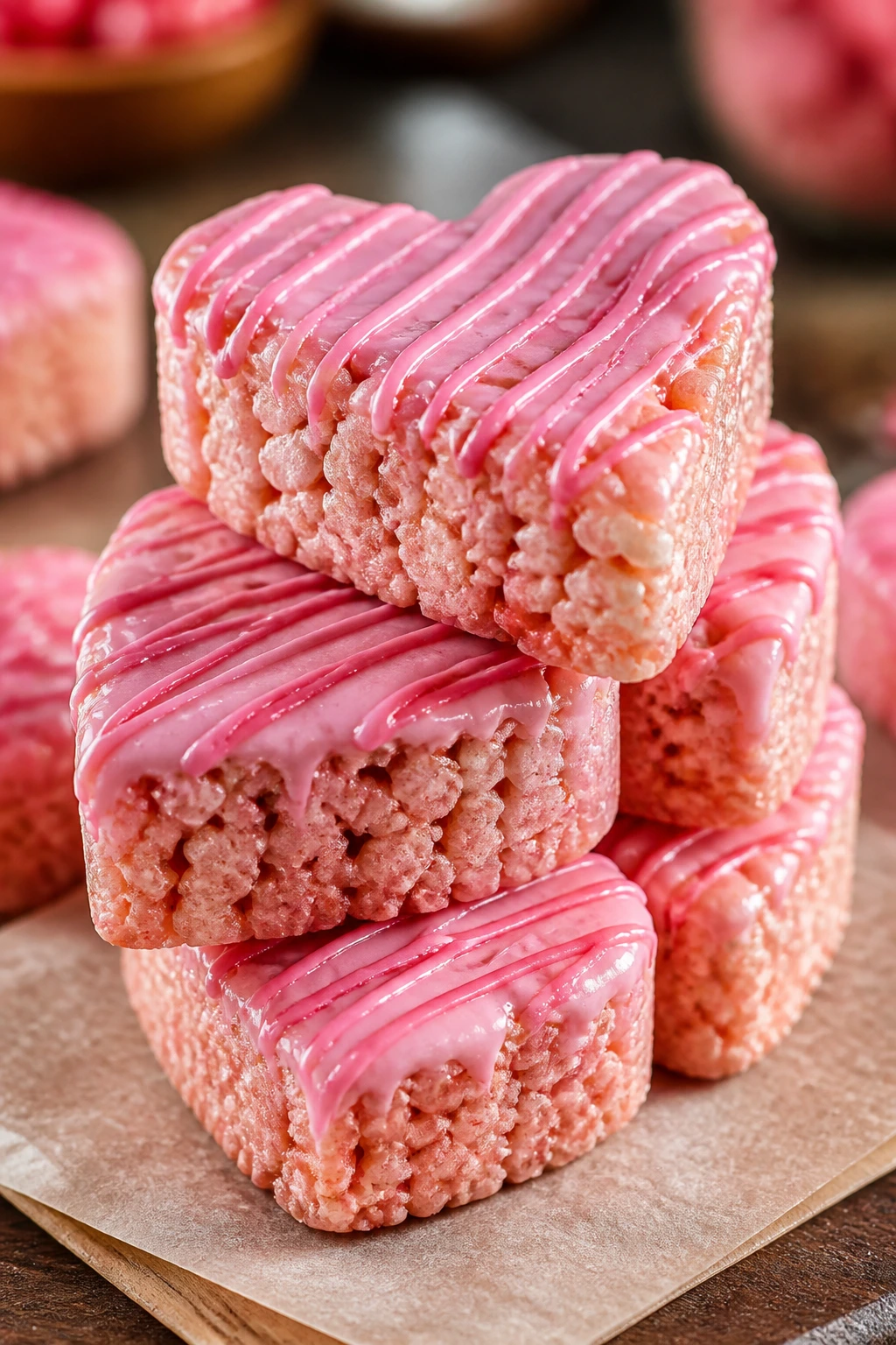 Pink Rice Krispie treats in heart shapes on parchment