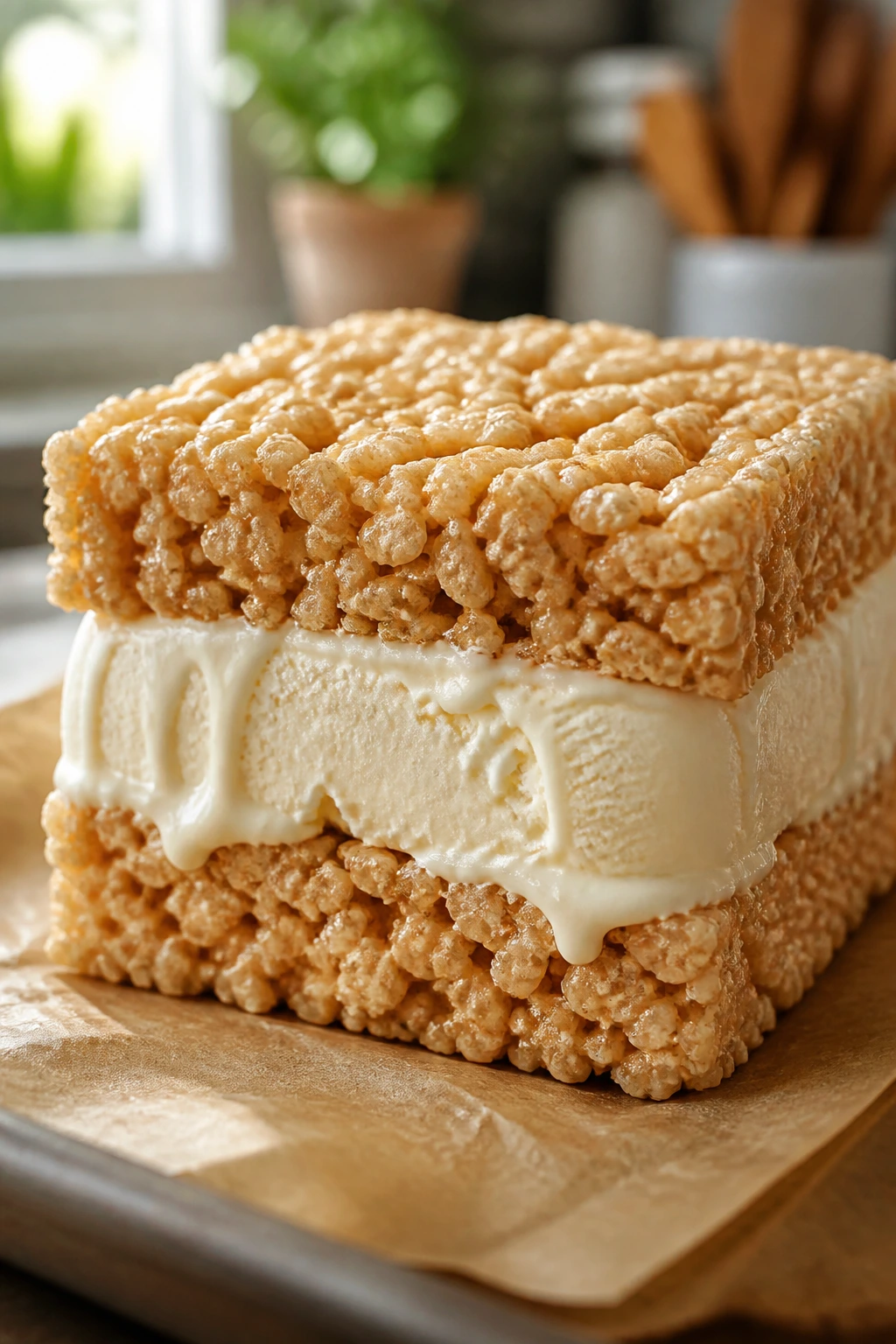 Close-up of Rice Krispie Treat Ice Cream Sandwich with vanilla ice cream