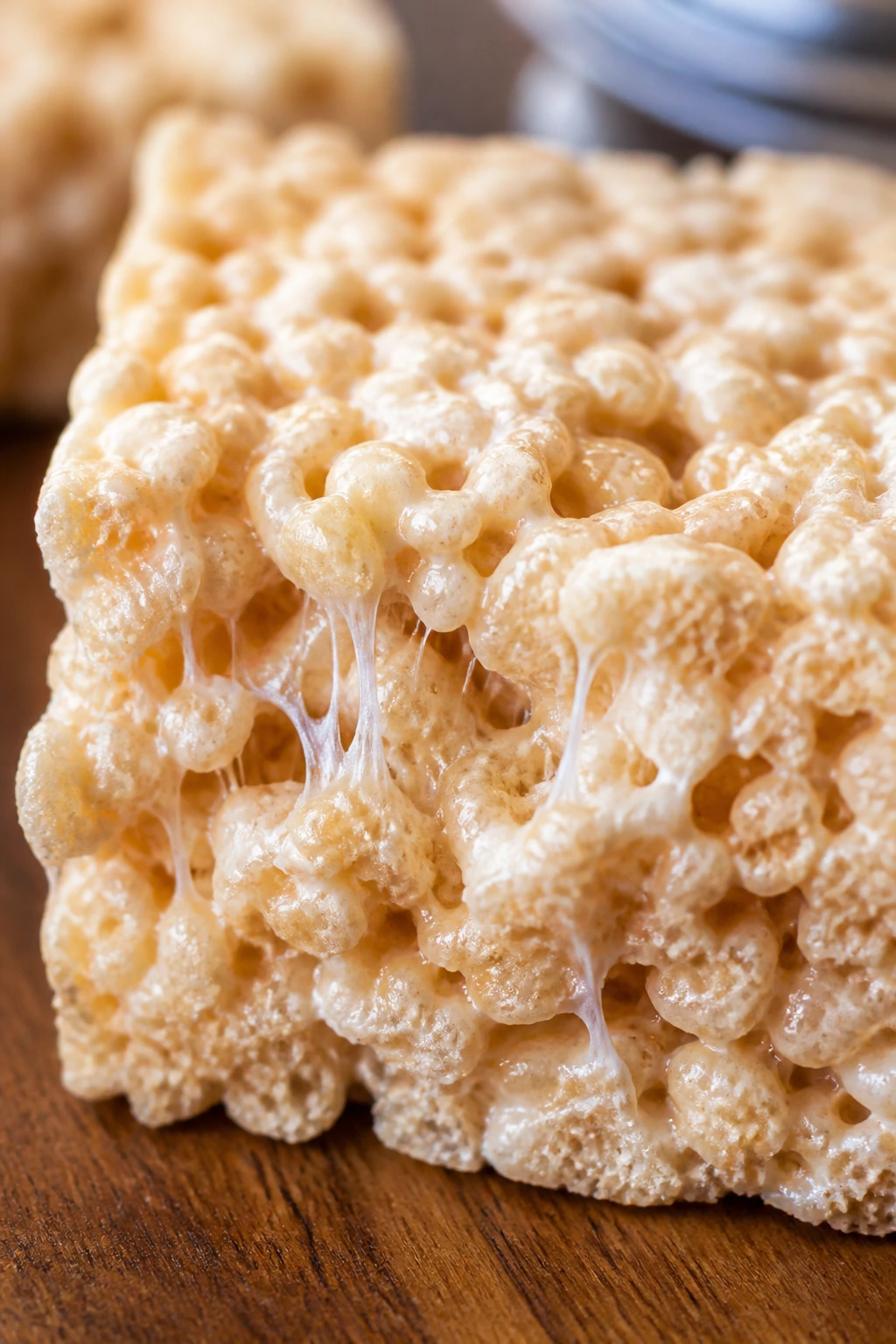 Close-up of a soft Rice Krispie treat bar with marshmallows on a wooden table.